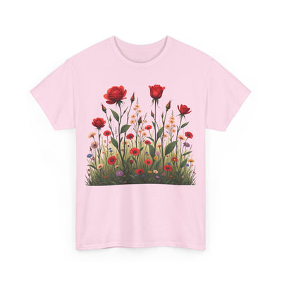 Wildflowers and Red Roses, Graphic T-Shirts for Women, Floral Shirt, Womens Short Sleeve, Ladies Graphic Tees #5032TTS