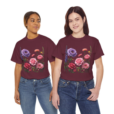 Wildflowers and Pink/Violet Roses, Graphic T-Shirts for Women, Floral Shirt, Womens Short Sleeve, Ladies Graphic Tees #5100TTS