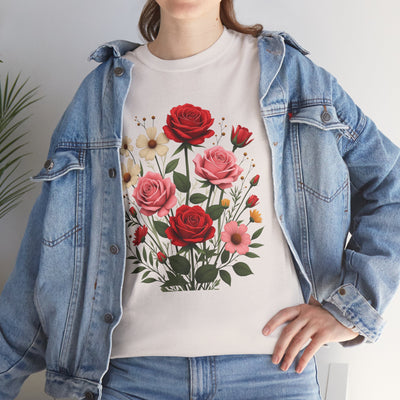 Wildflowers and Pink & Red Roses, Graphic T-Shirts for Women, Floral Shirt, Womens Short Sleeve, Ladies Graphic Tees #5134TTS
