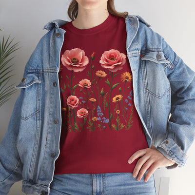 Wildflowers and Pink Roses, Graphic T-Shirts for Women, Floral Shirt, Womens Short Sleeve, Ladies Graphic Tees #5015TTS