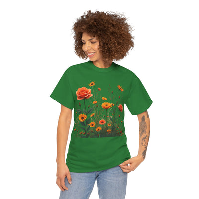 Wildflowers and Orange Roses, Graphic T-Shirts for Women, Floral Shirt, Womens Short Sleeve, Ladies Graphic Tees #5046TTS