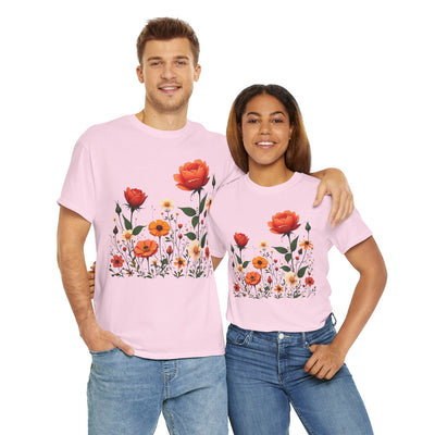 Wildflowers and Orange Roses, Graphic T-Shirts for Women, Floral Shirt, Womens Short Sleeve, Ladies Graphic Tees #5043TTS