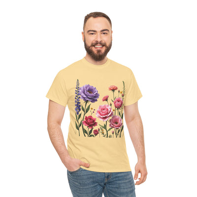 Wildflowers and Pink/Violet Roses, Graphic T-Shirts for Women, Floral Shirt, Womens Short Sleeve, Ladies Graphic Tees #5100TTS