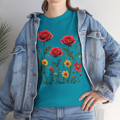 Wildflowers and Red Roses, Graphic T-Shirts for Women, Floral Shirt, Womens Short Sleeve, Ladies Graphic Tees #5034TTS