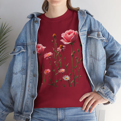 Wildflowers and Pink Roses, Graphic T-Shirts for Women, Floral Shirt, Womens Short Sleeve, Ladies Graphic Tees #5018TTS