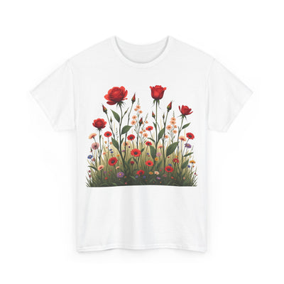 Wildflowers and Red Roses, Graphic T-Shirts for Women, Floral Shirt, Womens Short Sleeve, Ladies Graphic Tees #5032TTS