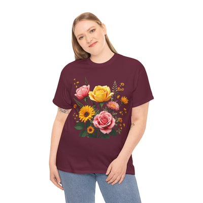 Wildflowers and Pink & Yellow Roses, Graphic T-Shirts for Women, Floral Shirt, Womens Short Sleeve, Ladies Graphic Tees #5146TTS