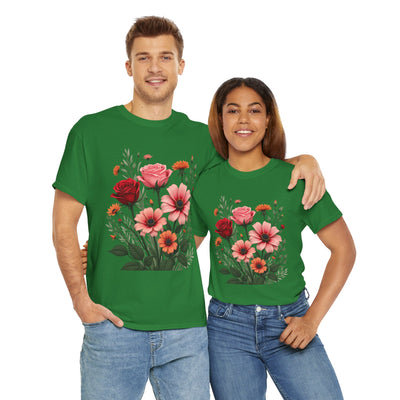 Wildflowers and Pink & Red Roses, Graphic T-Shirts for Women, Floral Shirt, Womens Short Sleeve, Ladies Graphic Tees #5133TTS