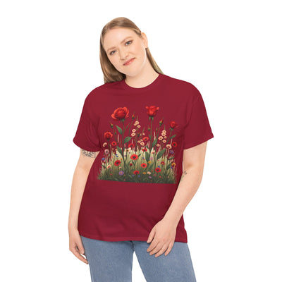 Wildflowers and Red Roses, Graphic T-Shirts for Women, Floral Shirt, Womens Short Sleeve, Ladies Graphic Tees #5032TTS