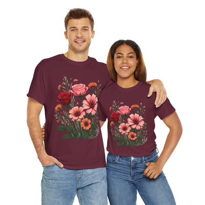 Wildflowers and Pink & Red Roses, Graphic T-Shirts for Women, Floral Shirt, Womens Short Sleeve, Ladies Graphic Tees #5133TTS