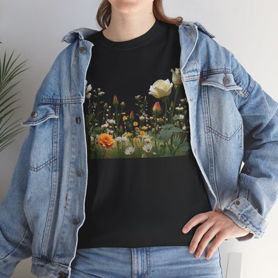 Wildflowers and White Roses, Graphic T-Shirts for Women, Floral Shirt, Womens Short Sleeve, Ladies Graphic Tees #5039TTS