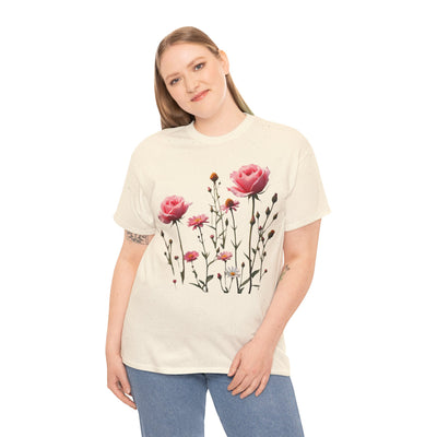 Wildflowers and Pink Roses, Graphic T-Shirts for Women, Floral Shirt, Womens Short Sleeve, Ladies Graphic Tees #5018TTS