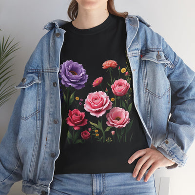 Wildflowers and Pink/Violet Roses, Graphic T-Shirts for Women, Floral Shirt, Womens Short Sleeve, Ladies Graphic Tees #5100TTS