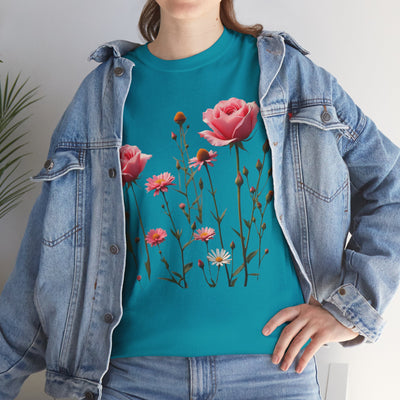 Wildflowers and Pink Roses, Graphic T-Shirts for Women, Floral Shirt, Womens Short Sleeve, Ladies Graphic Tees #5018TTS