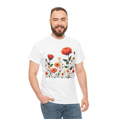 Wildflowers and Orange Roses, Graphic T-Shirts for Women, Floral Shirt, Womens Short Sleeve, Ladies Graphic Tees #5043TTS