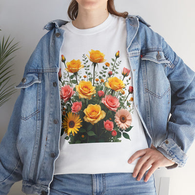 Wildflowers and Pink & Yellow Roses, Graphic T-Shirts for Women, Floral Shirt, Womens Short Sleeve, Ladies Graphic Tees #5141TTS