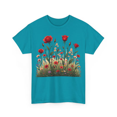 Wildflowers and Red Roses, Graphic T-Shirts for Women, Floral Shirt, Womens Short Sleeve, Ladies Graphic Tees #5032TTS