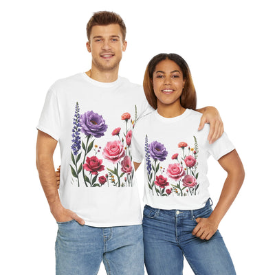 Wildflowers and Pink/Violet Roses, Graphic T-Shirts for Women, Floral Shirt, Womens Short Sleeve, Ladies Graphic Tees #5100TTS