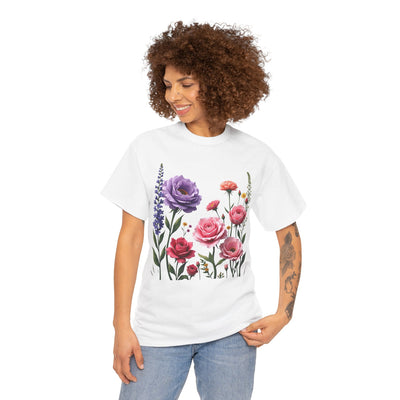 Wildflowers and Pink/Violet Roses, Graphic T-Shirts for Women, Floral Shirt, Womens Short Sleeve, Ladies Graphic Tees #5100TTS