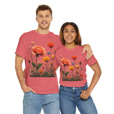 Wildflowers and Orange Roses, Graphic T-Shirts for Women, Floral Shirt, Womens Short Sleeve, Ladies Graphic Tees #5044TTS