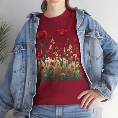 Wildflowers and Red Roses, Graphic T-Shirts for Women, Floral Shirt, Womens Short Sleeve, Ladies Graphic Tees #5032TTS