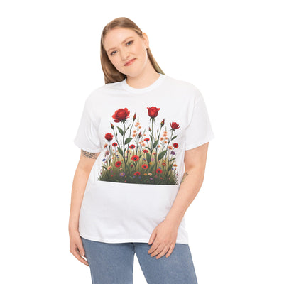 Wildflowers and Red Roses, Graphic T-Shirts for Women, Floral Shirt, Womens Short Sleeve, Ladies Graphic Tees #5032TTS