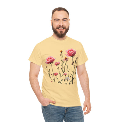 Wildflowers and Pink Roses, Graphic T-Shirts for Women, Floral Shirt, Womens Short Sleeve, Ladies Graphic Tees #5018TTS
