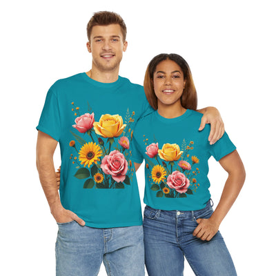 Wildflowers and Pink & Yellow Roses, Graphic T-Shirts for Women, Floral Shirt, Womens Short Sleeve, Ladies Graphic Tees #5146TTS