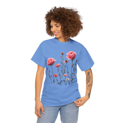 Wildflowers and Pink Roses, Graphic T-Shirts for Women, Floral Shirt, Womens Short Sleeve, Ladies Graphic Tees #5018TTS