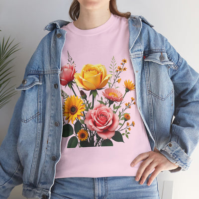 Wildflowers and Pink & Yellow Roses, Graphic T-Shirts for Women, Floral Shirt, Womens Short Sleeve, Ladies Graphic Tees #5146TTS