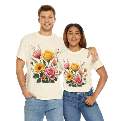Wildflowers and Pink & Yellow Roses, Graphic T-Shirts for Women, Floral Shirt, Womens Short Sleeve, Ladies Graphic Tees #5146TTS