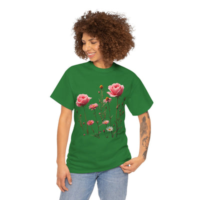 Wildflowers and Pink Roses, Graphic T-Shirts for Women, Floral Shirt, Womens Short Sleeve, Ladies Graphic Tees #5018TTS