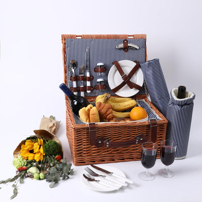 2 Person Wicker Picnic Basket open with blue lines interior