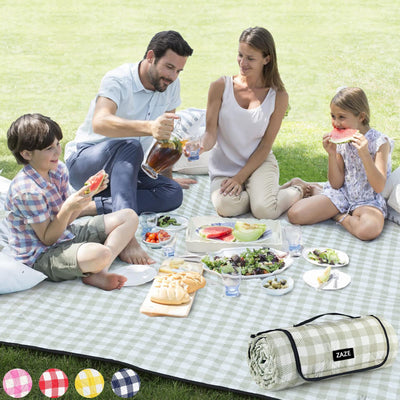 green checkered picnic blanket with family on grass