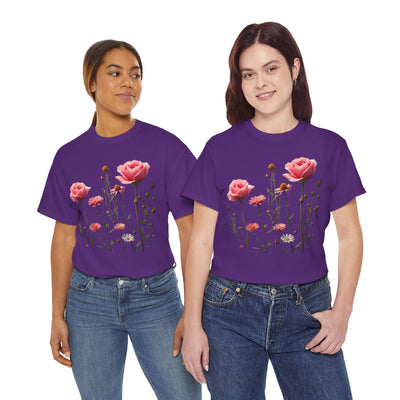 Wildflowers and Pink Roses, Graphic T-Shirts for Women, Floral Shirt, Womens Short Sleeve, Ladies Graphic Tees #5018TTS