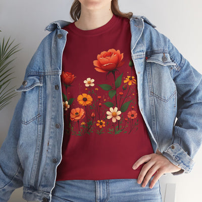 Wildflowers and Orange Roses, Graphic T-Shirts for Women, Floral Shirt, Womens Short Sleeve, Ladies Graphic Tees #5043TTS