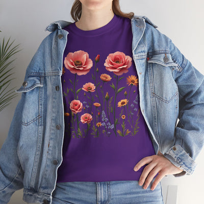 Wildflowers and Pink Roses, Graphic T-Shirts for Women, Floral Shirt, Womens Short Sleeve, Ladies Graphic Tees #5015TTS