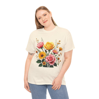 Wildflowers and Pink & Yellow Roses, Graphic T-Shirts for Women, Floral Shirt, Womens Short Sleeve, Ladies Graphic Tees #5146TTS