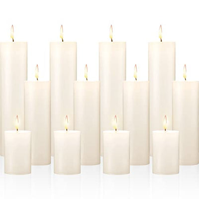 4 Sets 12 Pieces Ivory Pillar Candles Dripless Unscented Candles Paraffin Wax Tall Candles for Relaxation Wedding Spa Birthday Holiday Bath Party Restaurant Home Decor, 2'' x 3'', 2'' x 6'', 2'' x 9''