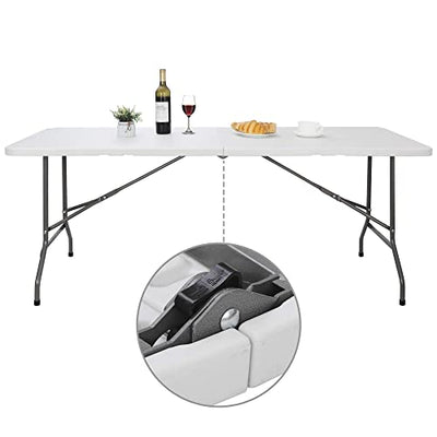 ZenStyle 6 ft Indoor Outdoor Heavy Duty Plastic Folding Table Portable Picnic Table Fold-in-Half Utility Table w/Handle and Steel Legs for Camping, Dining, Party, 71 x 27 Inch, White