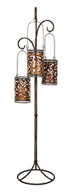 Deco 79 Metal Perforated Moroccan Design 3 Hanging Holder Candle Lantern with Scrollwork Stand, 16" x 16" x 67", Brass