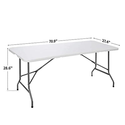 ZenStyle 6 ft Indoor Outdoor Heavy Duty Plastic Folding Table Portable Picnic Table Fold-in-Half Utility Table w/Handle and Steel Legs for Camping, Dining, Party, 71 x 27 Inch, White