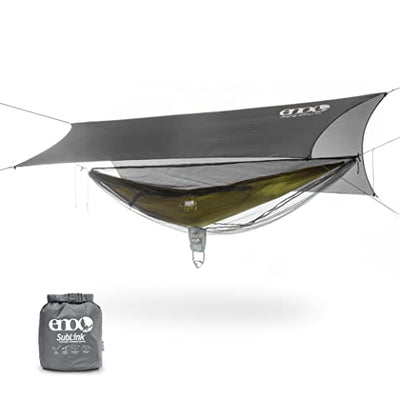 ENO SubLink Hammock System - Includes Sub6 Hammock, Helios Suspension System, Guardian SL Bug Net, and ProFly Sil Rain Tarp - Set of Lightweight Hammock Essentials for Camping, or Hiking - Grey/Lichen