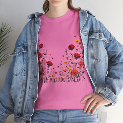 Wildflowers and Red Roses, Graphic T-Shirts for Women, Floral Shirt, Womens Short Sleeve, Ladies Graphic Tees #5033TTS