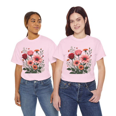 Wildflowers and Pink & Red Roses, Graphic T-Shirts for Women, Floral Shirt, Womens Short Sleeve, Ladies Graphic Tees #5133TTS
