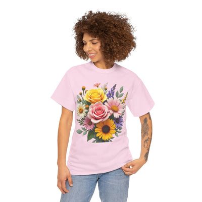 Wildflowers and Pink & Yellow Roses, Graphic T-Shirts for Women, Floral Shirt, Womens Short Sleeve, Ladies Graphic Tees #5145TTS
