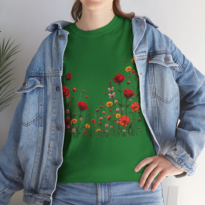 Wildflowers and Red Roses, Graphic T-Shirts for Women, Floral Shirt, Womens Short Sleeve, Ladies Graphic Tees #5033TTS