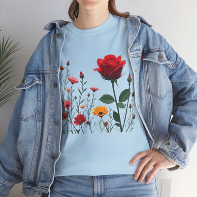 Wildflowers and a Red Rose, Graphic T-Shirts for Women, Floral Shirt, Womens Short Sleeve, Ladies Graphic Tees #5006TTS