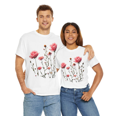 Wildflowers and Pink Roses, Graphic T-Shirts for Women, Floral Shirt, Womens Short Sleeve, Ladies Graphic Tees #5018TTS