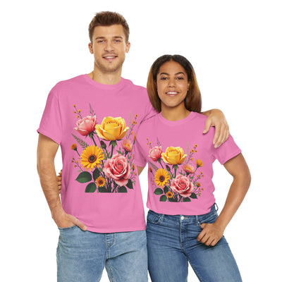 Wildflowers and Pink & Yellow Roses, Graphic T-Shirts for Women, Floral Shirt, Womens Short Sleeve, Ladies Graphic Tees #5146TTS